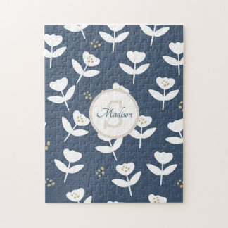 Puzzle Monogramme floral blanc bleu marine