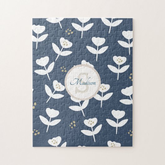 Puzzle Monogramme floral blanc bleu marine (Vertical)