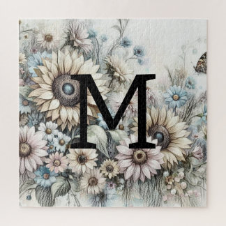 Puzzle Monogramme floral dessin tournesol rose jaune