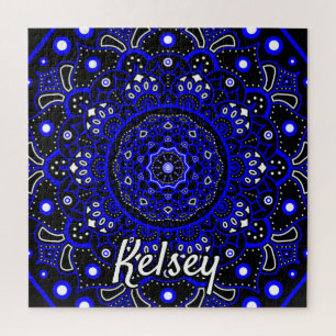Puzzle Monogramme Motif Mandala bleu, noir et blanc