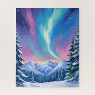 Puzzle Montagne aquarelle aurore boréale nuit hivernale