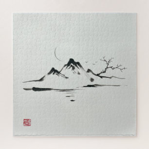 Puzzle "Montagnes au clair de lune : Paysage Sumi-e"
