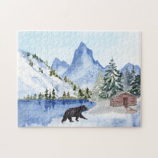 Puzzle Montagnes, Lac, Arbres, Cabine, Bear Winter Scene (Horizontal)