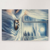 Puzzle Moonlit Coastal Bedroom with Sleeping Cat (Horizontal)