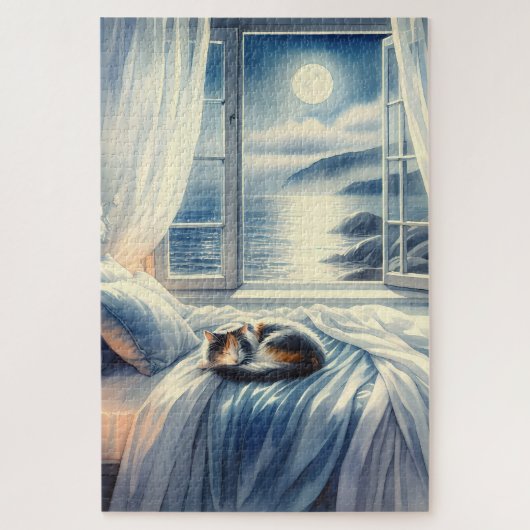 Puzzle Moonlit Coastal Bedroom with Sleeping Cat (Vertical)