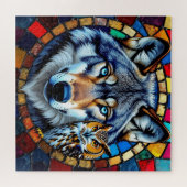 Puzzle Mosaic Style Owl and Wolf Wildlife Vibrant (Horizontal)