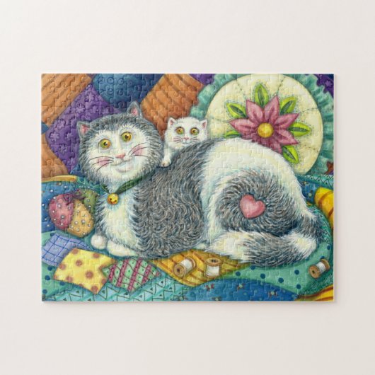 PUZZLE MOTHER CAT & KITTEN, PATCHWORK QUILTS, PINCUSHION (Horizontal)