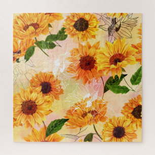 Puzzle Motif d'aquarelle de tournesols jaunes dessinés à