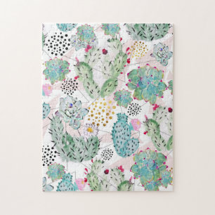 Puzzle motif de cactus et triangles aquarelle