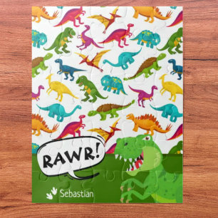 Puzzle Motif Dinosaure coloré avec le nom T-Rex Green