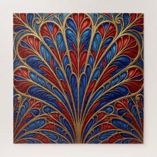 Puzzle Motif éventail paon orné rouge bleu or royal