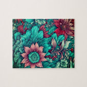 Puzzle Motif Floral, Aqua, Turquoise, Turquoise et Gris (Horizontal)