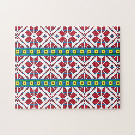 Puzzle Motif géométrique tribal rouge, bleu et blanc étoi (Horizontal)