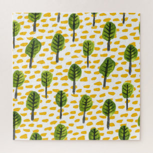 Puzzle Motif Naïve Green Black Tree