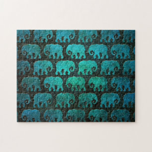 Puzzle Motif usé de silhouettes d'éléphant, bleu