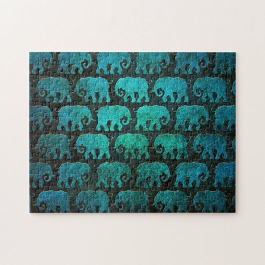 Puzzle Motif usé de silhouettes d'éléphant, bleu (Horizontal)