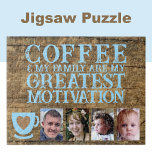 Puzzle Motivation du café 4 photo brun bleu<br><div class="desc">Commencez votre journée avec joie et connexion avec ce puzzle personnalisable 4 photos ! Doté de la phrase sincère "Le café et ma famille sont ma plus grande motivation", ce puzzle est parfait pour les amateurs de café et les amateurs de famille. Personnalisez-le avec vos photos préférées pour le rendre...</div>