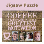 Puzzle Motivation du café 4 photo brun rose<br><div class="desc">Commencez votre journée avec joie et connexion avec ce puzzle personnalisable 4 photos ! Doté de la phrase sincère "Le café et ma famille sont ma plus grande motivation", ce puzzle est parfait pour les amateurs de café et les amateurs de famille. Personnalisez-le avec vos photos préférées pour le rendre...</div>