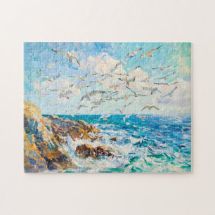 Puzzle Mouettes sur vagues scène océanique impressionnist