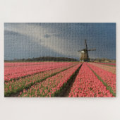 Puzzle Moulin à vent avec les tulipes roses au printemps (Horizontal)