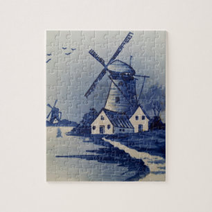 Puzzle Moulin à vent bleu blanc de Delft vintage