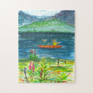 Puzzle Mountain Lake Kayak Bateau Aquarelle peinture