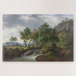 Puzzle Mountain River Landscape Travel Nature Painting<br><div class="desc">Custom, personalized, family kids travel nature art lovers 1000 pieces jigsaw puzzle, featuring an enchanting beautiful scenic intricate detailed landscape vintage painting, oil on canvas, by F.C. Kiærskou, featuring a mountain river gushing through a rocky landscape with a heavy wind swaying the trees, and your note / greetings in an...</div>