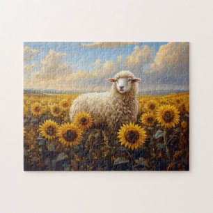 Puzzle Moutons dans une peinture sur terrain de tournesol