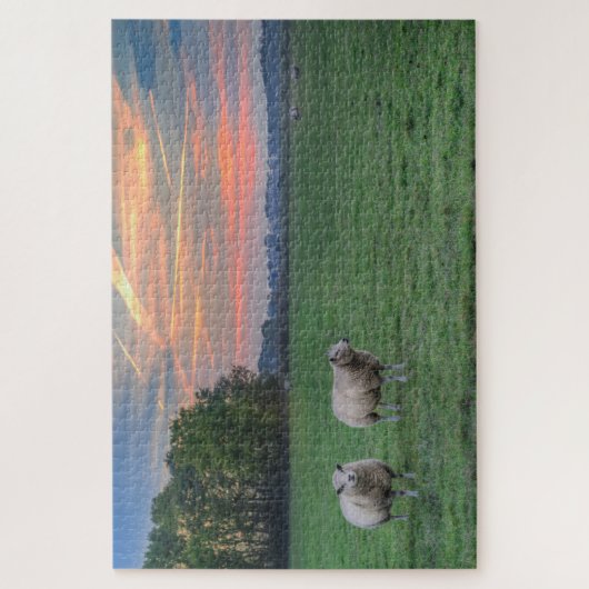 Puzzle Moutons en champ avec coucher de soleil (Vertical)