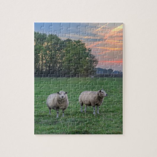 Puzzle Moutons en champ avec coucher de soleil (Vertical)