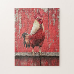 Puzzle Mur de la grange en bois rouge coq