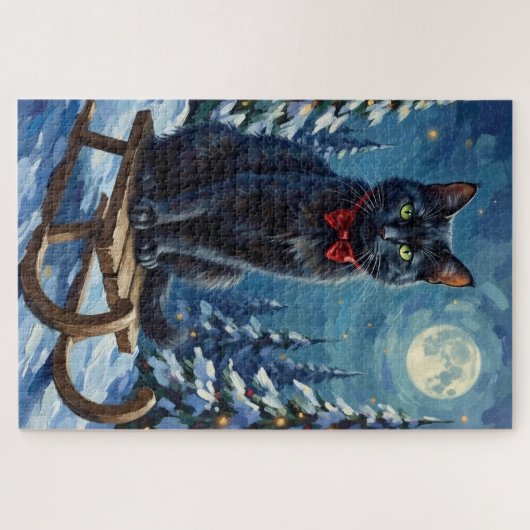 Puzzle Mystical Black Cat Enchanted Winter Sled Christmas (Horizontal)