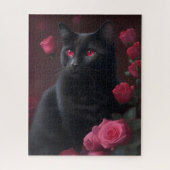 Puzzle Mystique chat noir et roses en fleurs (Vertical)