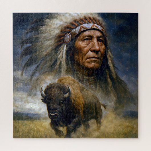 Puzzle Native American Chief with Charging Buffalo (Vertical)