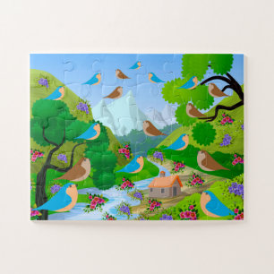 Puzzle Nature Arbres Oiseaux Fleurs Maison de rivière, âg
