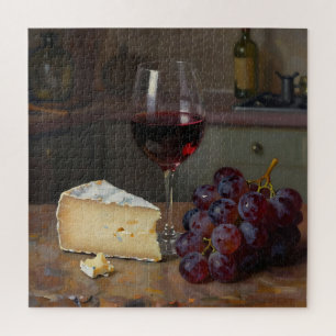 Puzzle Nature morte réaliste au vin rouge, fromage et rai