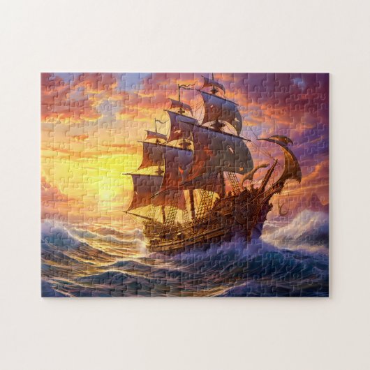 Puzzle Navire dans une tempête de coucher de soleil doré, (Horizontal)