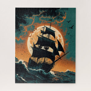 Puzzle Navire pirate éclairé par la lune dans des mers or