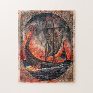 Puzzle Navire Viking en feu lors d'un rituel funéraire
