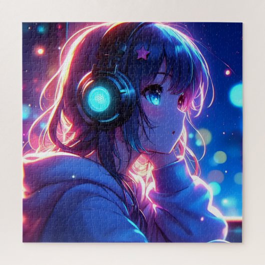 Puzzle Neon Anime Girl avec casque dans un cosmique (Vertical)