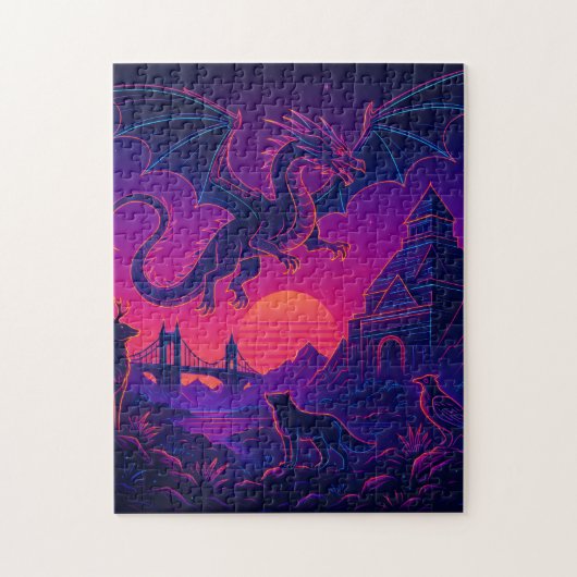 Puzzle Neon Dragon Realm – Synthwave Fantasy Landscape (Vertical)
