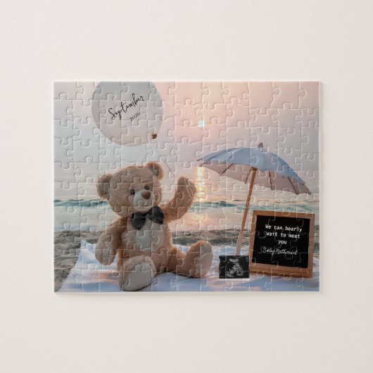 Puzzle Neutral Beachside Expecting Baby Announcement  (Horizontal)