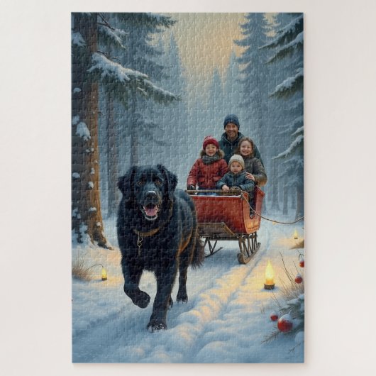 Puzzle Newfoundland Dog Snowy Sleigh Ride Christmas (Vertical)