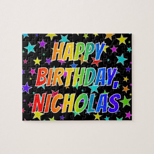 Puzzle "NICHOLAS" Prénom, Amusant "HEUREUX ANNIVERSAIRE" (Horizontal)