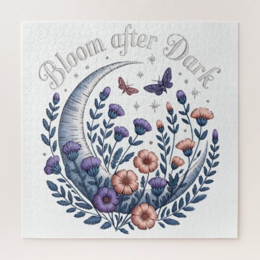 Puzzle Night Garden Faux Embroidered Moon with Moths (Vertical)