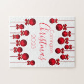 Puzzle Noël Année Rouge Ornements Rubans Script (Horizontal)