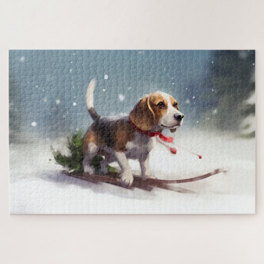 Puzzle Noël Beagle neige hiver (Horizontal)