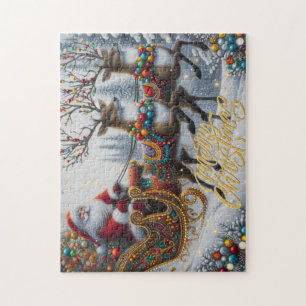 Puzzle Noël classique/vintage Père Noël et renne