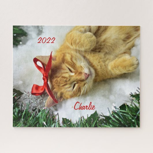 Puzzle Noël de chat Tabby Orange Personnalisé (Horizontal)