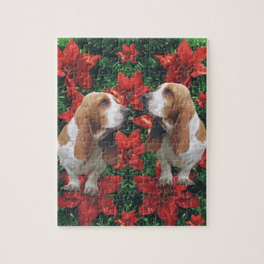 Puzzle Noël de poinsettia de Basset Hound (Vertical)